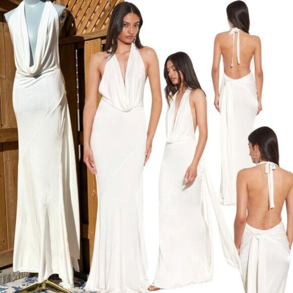 🆕 RAT & BOA 🧿 NWOT Winona White Slinky Cowl Neck Jersey Gown, Sz M - Picture 1 of 16